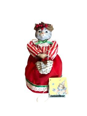 VTG Kitty Cucumber Christmas Cat Twirling Music Box Doll, Schmid, B. Shackman